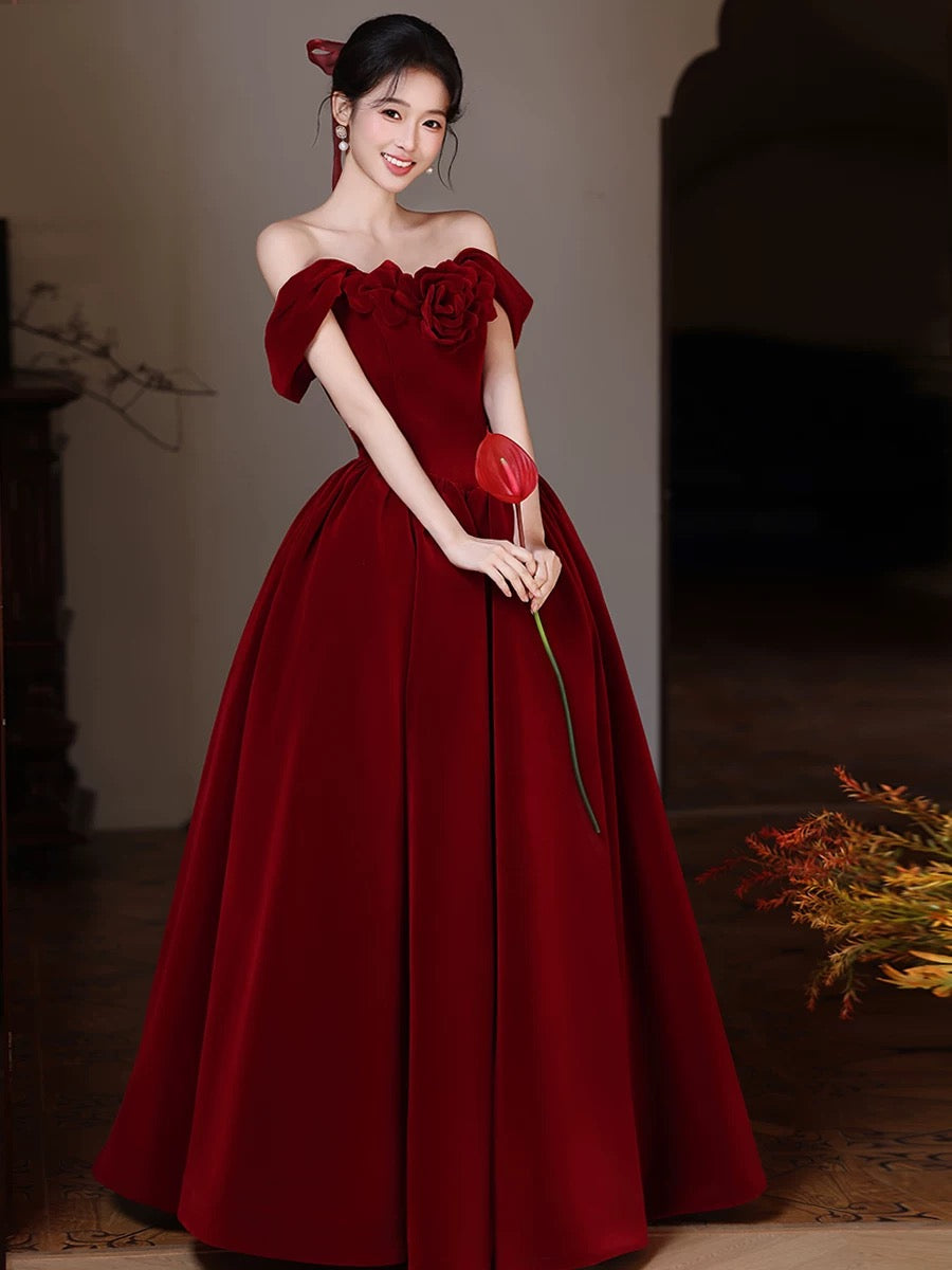 A-line Sweetheart Neck Off Shoulder Floor Length Burgundy Prom Dress