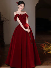 A-line Sweetheart Neck Off Shoulder Floor Length Burgundy Prom Dress