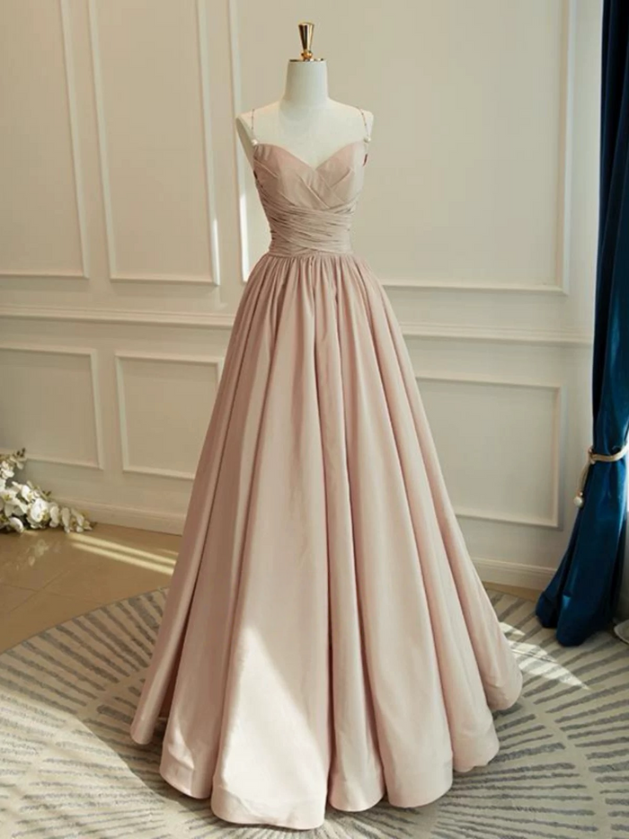 A-Line V Neck Taffeta Champagne Long Prom Dress, Champagne Long Formal Dress