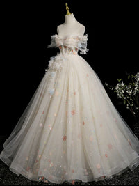 A-Line Off Shoulder Tulle Lace Light Champagne Long Prom Dress with Flower