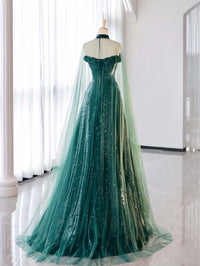 A-Line Tulle Sequin Green Long Prom Dress, Green Formal Evening  Dress