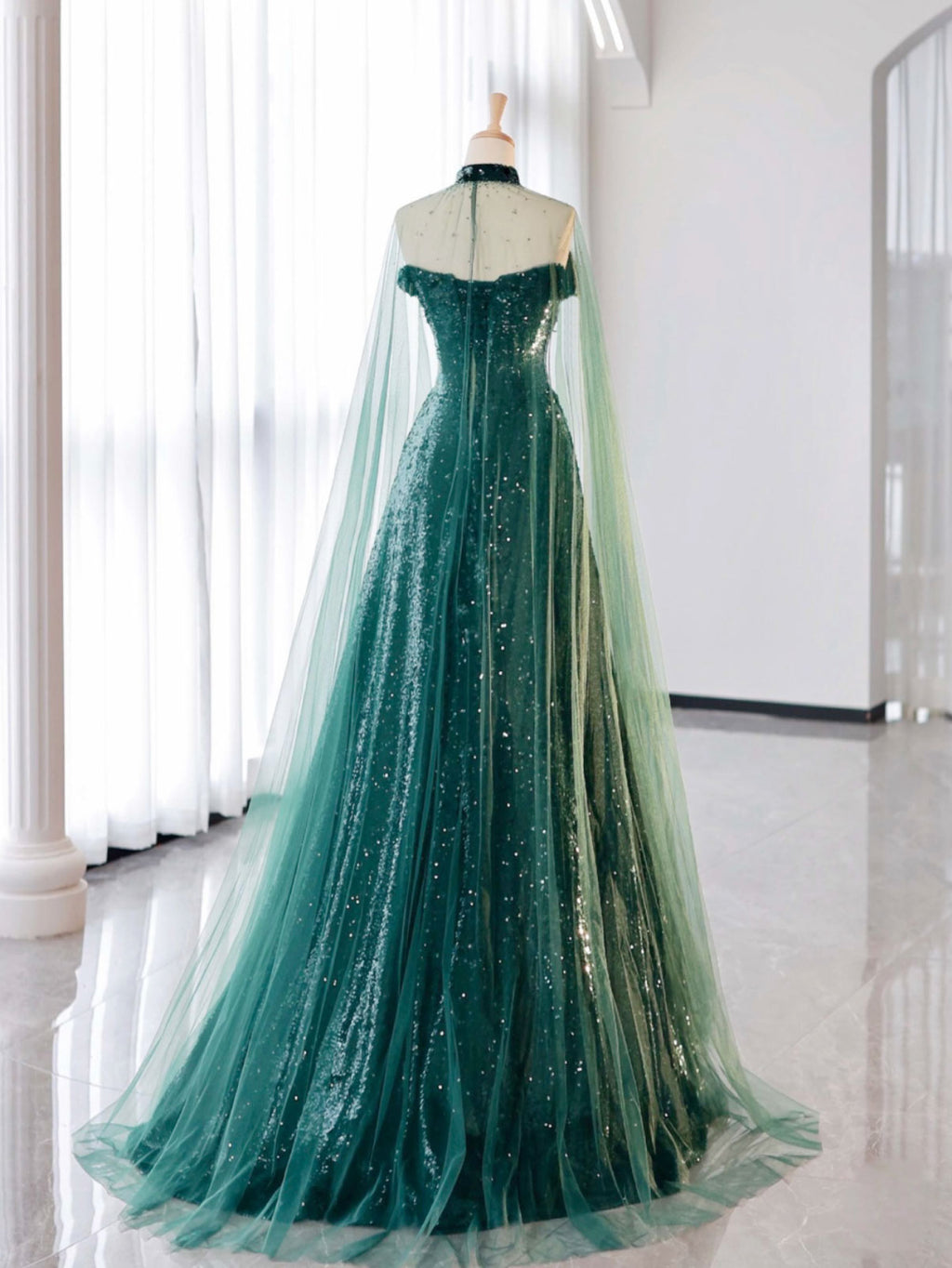 A-Line Tulle Sequin Green Long Prom Dress, Green Formal Evening Dress ...