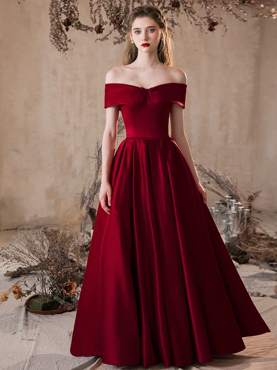 A-Line Off Shoulder Satin Burgundy Long Prom Dress, Burgundy Long Formal Dress