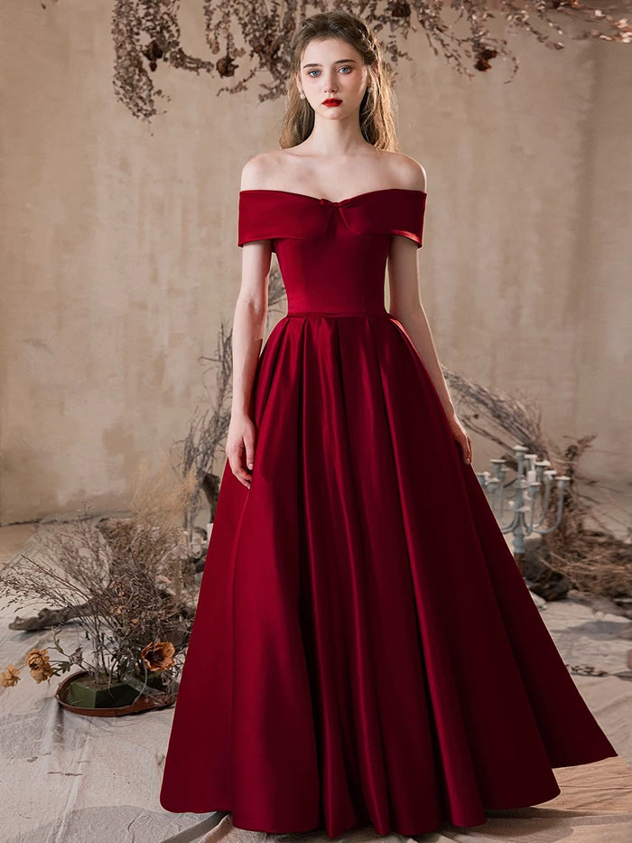 A-Line Off Shoulder Satin Burgundy Long Prom Dress, Burgundy Long Formal Dress