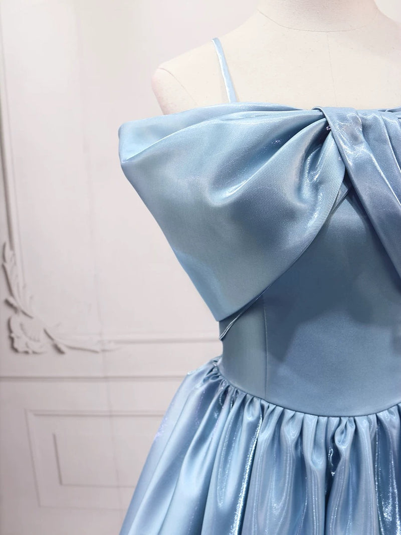 A-Line Satin Blue Long Prom Dress, Blue Long Evening Dress