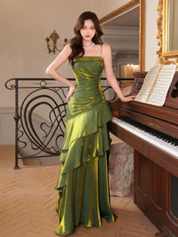 A-Line Satin Blue Long Prom Dress, Blue Long Evening Dress