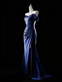 Mermaid Off Shoulder Satin Floor Length Dark Blue Prom Dress