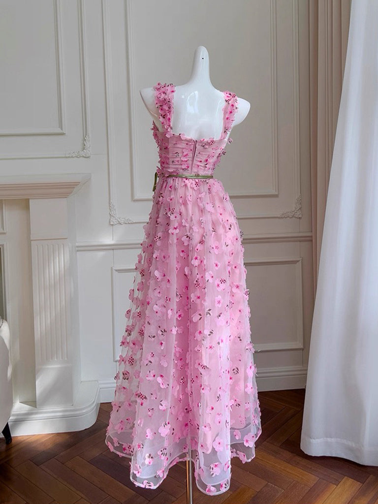 A-Line Tulle Lace Pink Long Prom Dress, Pink Long Party Dress