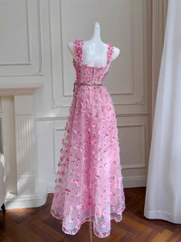 A-Line Tulle Lace Pink Long Prom Dress, Pink Long Party Dress