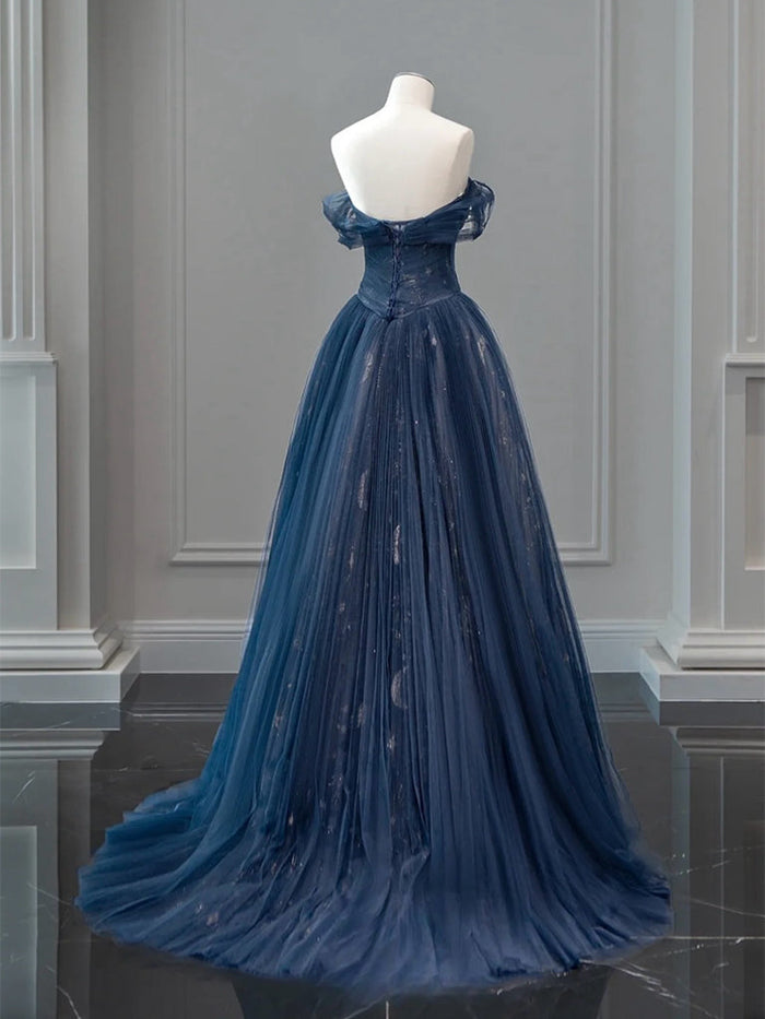 A-Line Off Shoulder Tulle Lace Dark Blue Long Prom Dress