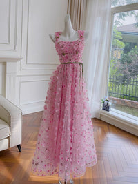 A-Line Tulle Lace Pink Long Prom Dress, Pink Long Party Dress