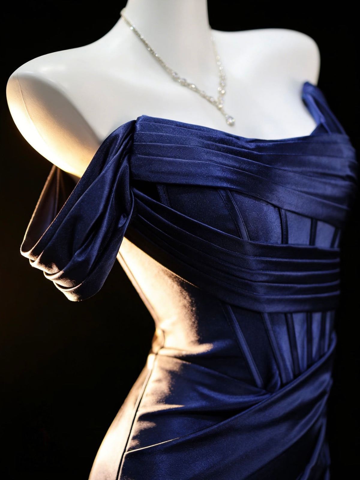 Mermaid Off Shoulder Satin Floor Length Dark Blue Prom Dress