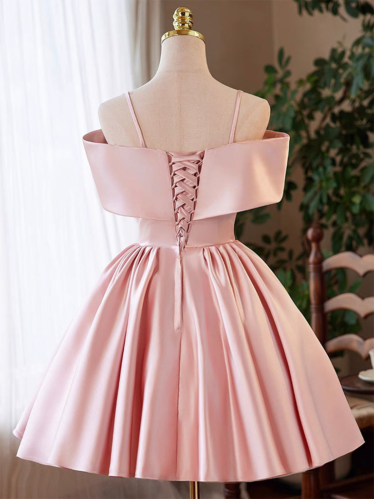 A-line Off Shoulder Satin Pink Short Prom Dress, Pink Homecoming Dress