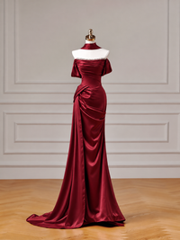 Mermaid Off Shoulder Satin Burgundy Long Prom Dress with Beads