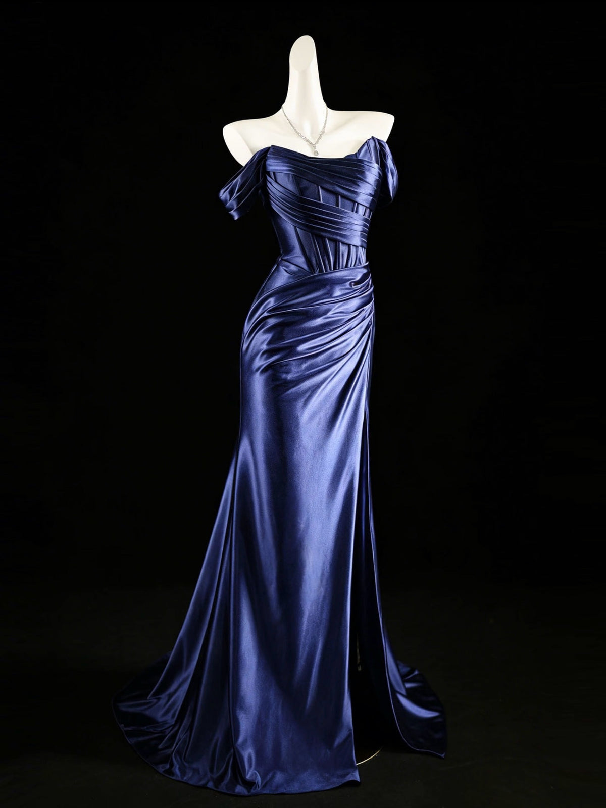 Mermaid Off Shoulder Satin Floor Length Dark Blue Prom Dress