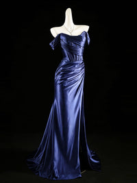 Mermaid Off Shoulder Satin Floor Length Dark Blue Prom Dress