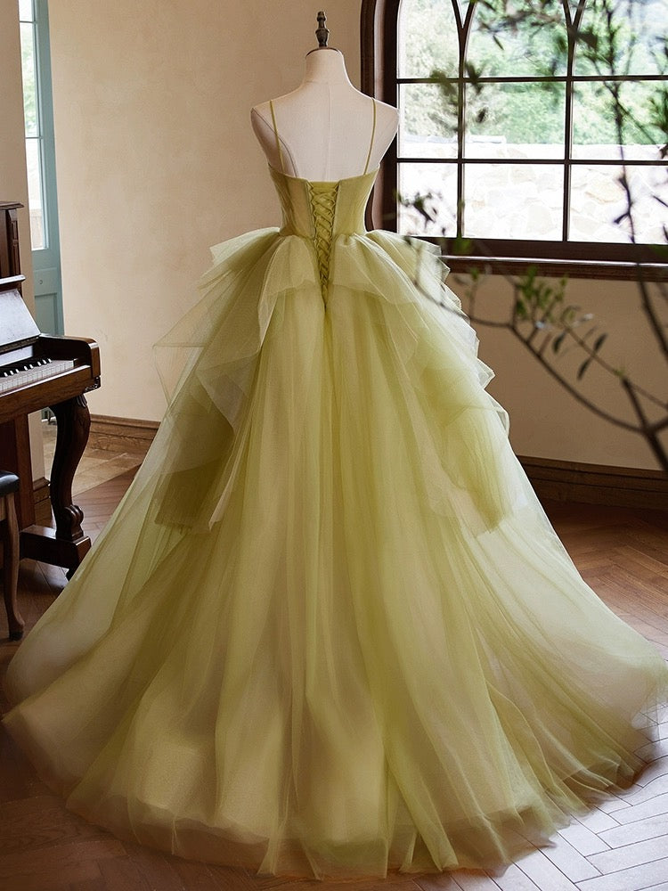 A-Line Green Sweetheart Neck Tulle Long Prom Dress, Green Evening Dress