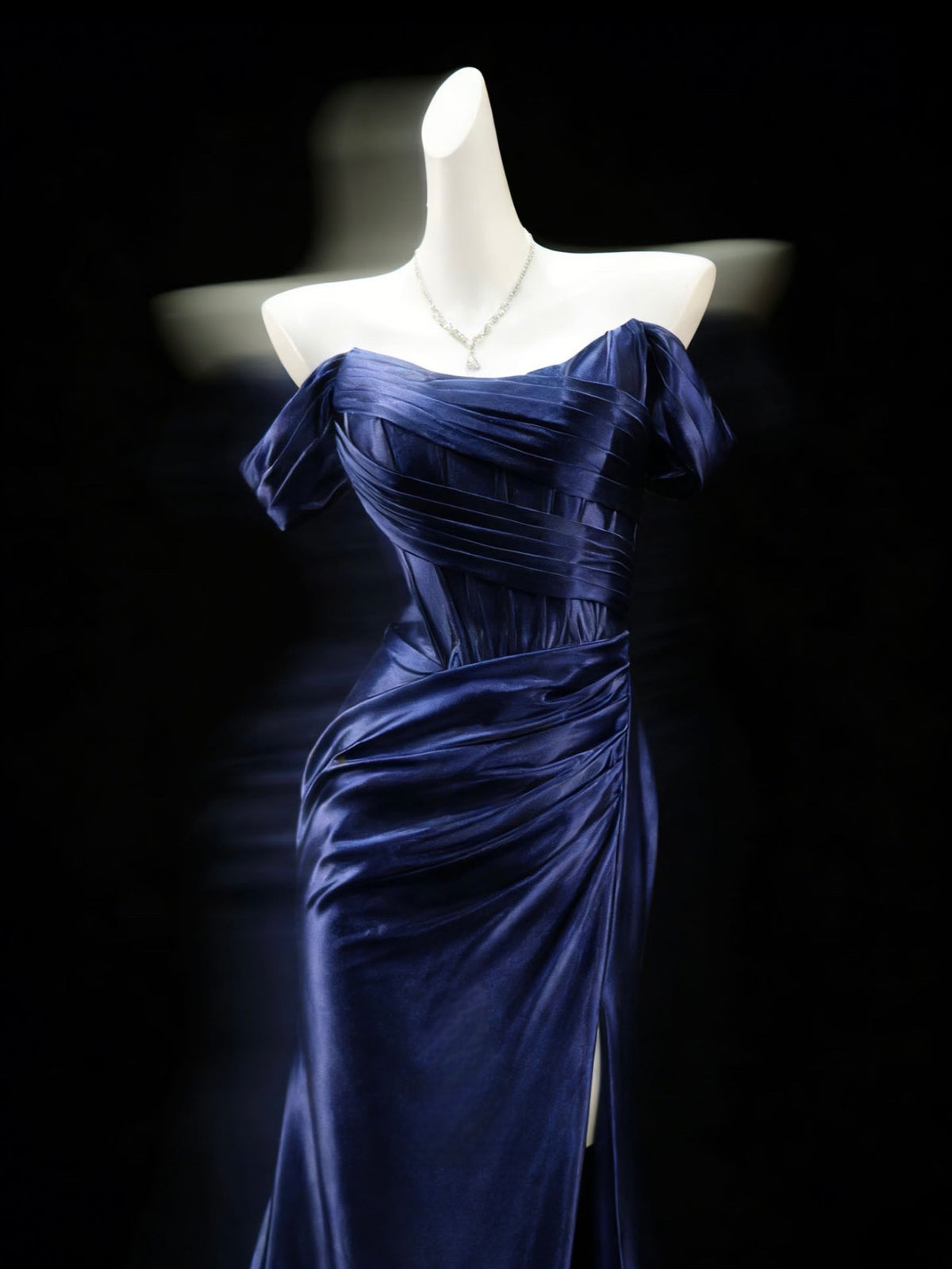 Mermaid Off Shoulder Satin Floor Length Dark Blue Prom Dress