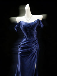 Mermaid Off Shoulder Satin Floor Length Dark Blue Prom Dress