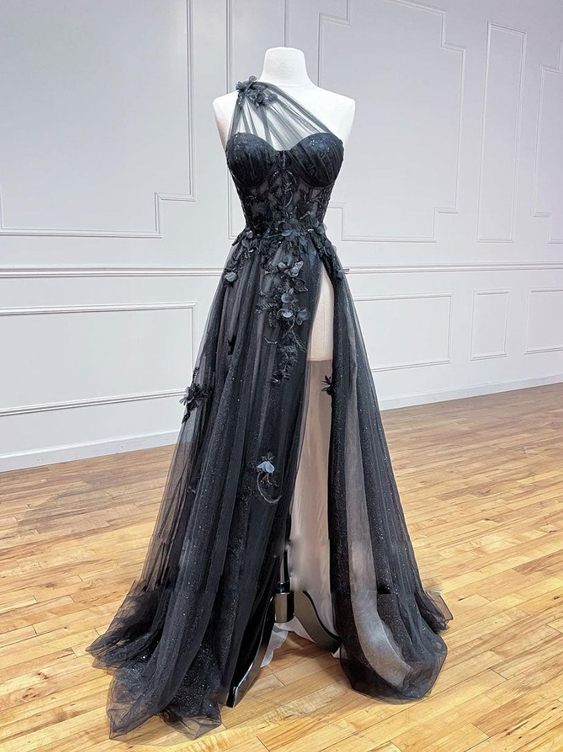 A-Line One Shoulder Tulle Lace Black Prom Dress, Black Long Evening Dress