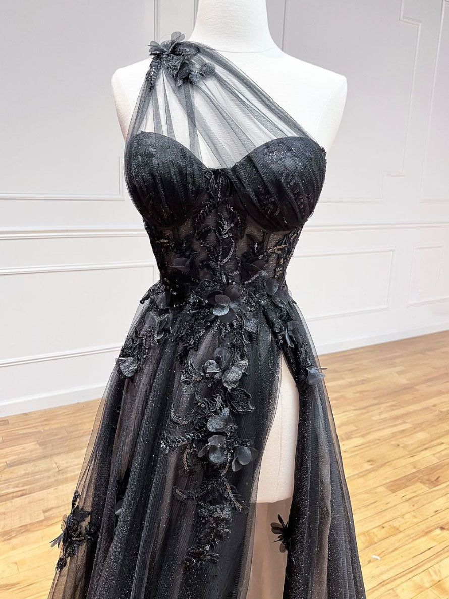 A-Line One Shoulder Tulle Lace Black Prom Dress, Black Long Evening Dr toptby A-Line One Shoulder Tulle Lace Black Prom Dress, Black Long Evening Dr toptby