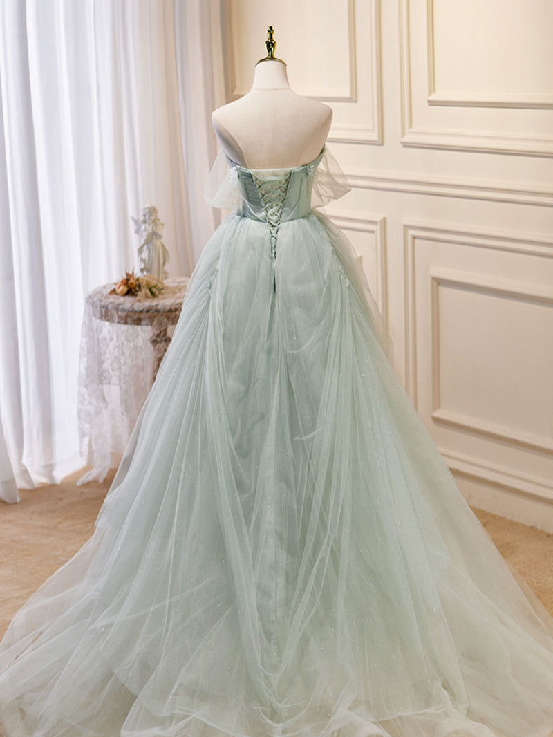 A-Line Off Shoulder Tulle Sequin Green Long Prom Dress