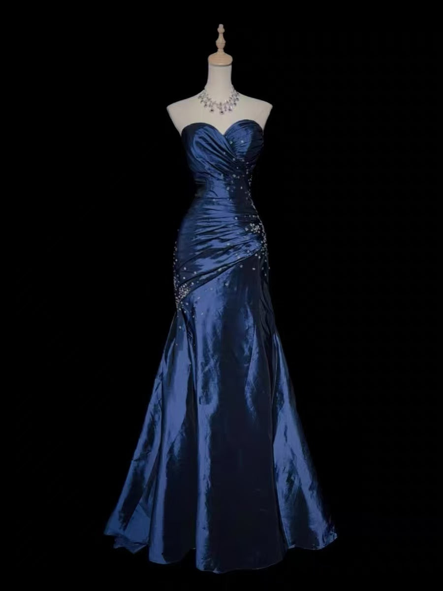 Mermaid Sweetheart Neck Sequin Beads Taffeta Dark Blue Long Prom Dress