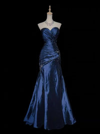 Mermaid Sweetheart Neck Sequin Beads Taffeta Dark Blue Long Prom Dress