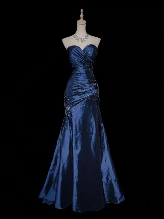 Mermaid Sweetheart Neck Sequin Beads Taffeta Dark Blue Long Prom Dress