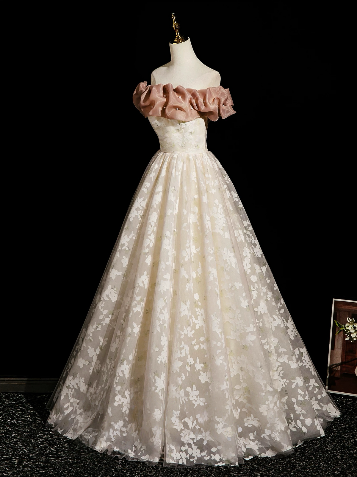 white and champagne prom dress Long A-Line Prom Dress with Sheer Embroidered Corset Champagne / Large