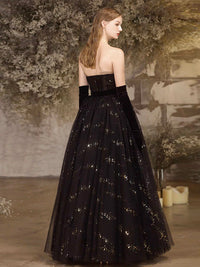 A-Line Tulle Sequin Black Long Prom Dress, Black Sequin Long Evening Dress