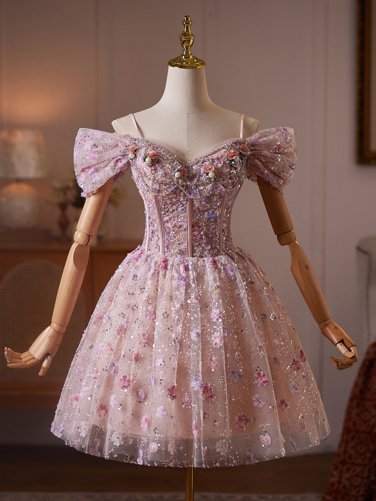 Unique Off Shoulder Tulle Sequin Pink Short Prom Dress with Beads
