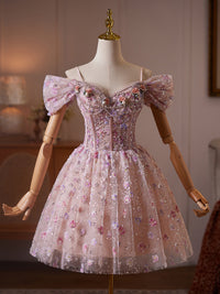 Unique Off Shoulder Tulle Sequin Pink Short Prom Dress with Beads