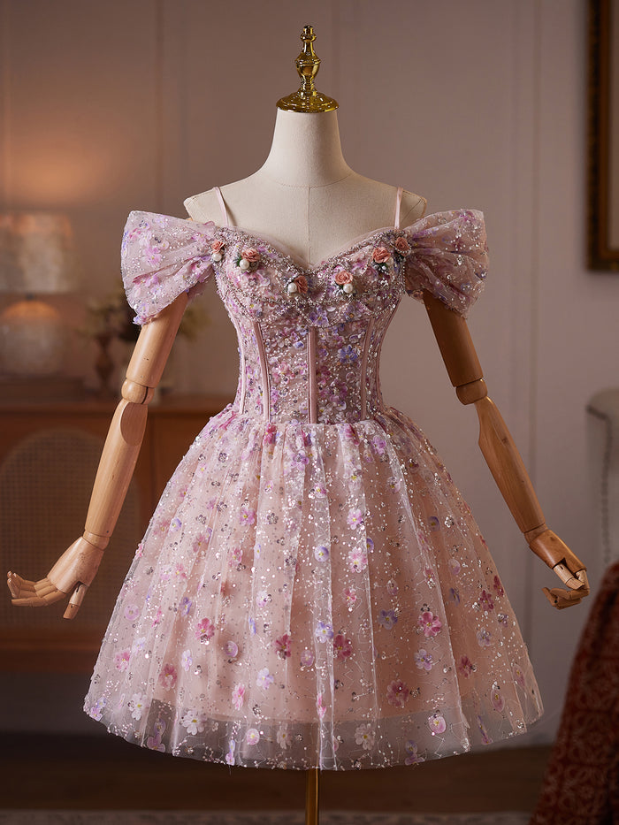 Unique Off Shoulder Tulle Sequin Pink Short Prom Dress with Beads