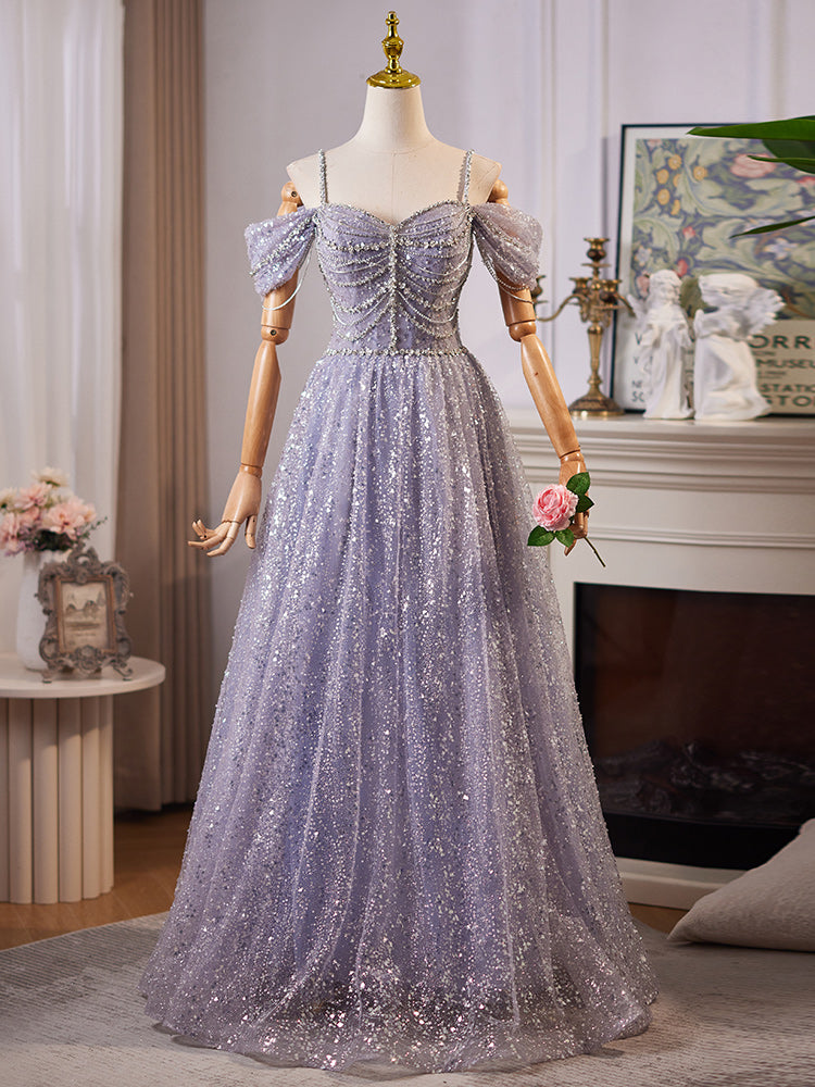 A-Line Sweetheart Neck Off Shoulder Tulle Sequin Gray Blue Long Prom Dress