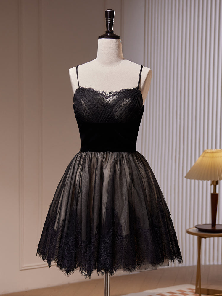 A-Line Lace Tulle Black Short Prom Dress, Black Homecoming Dress