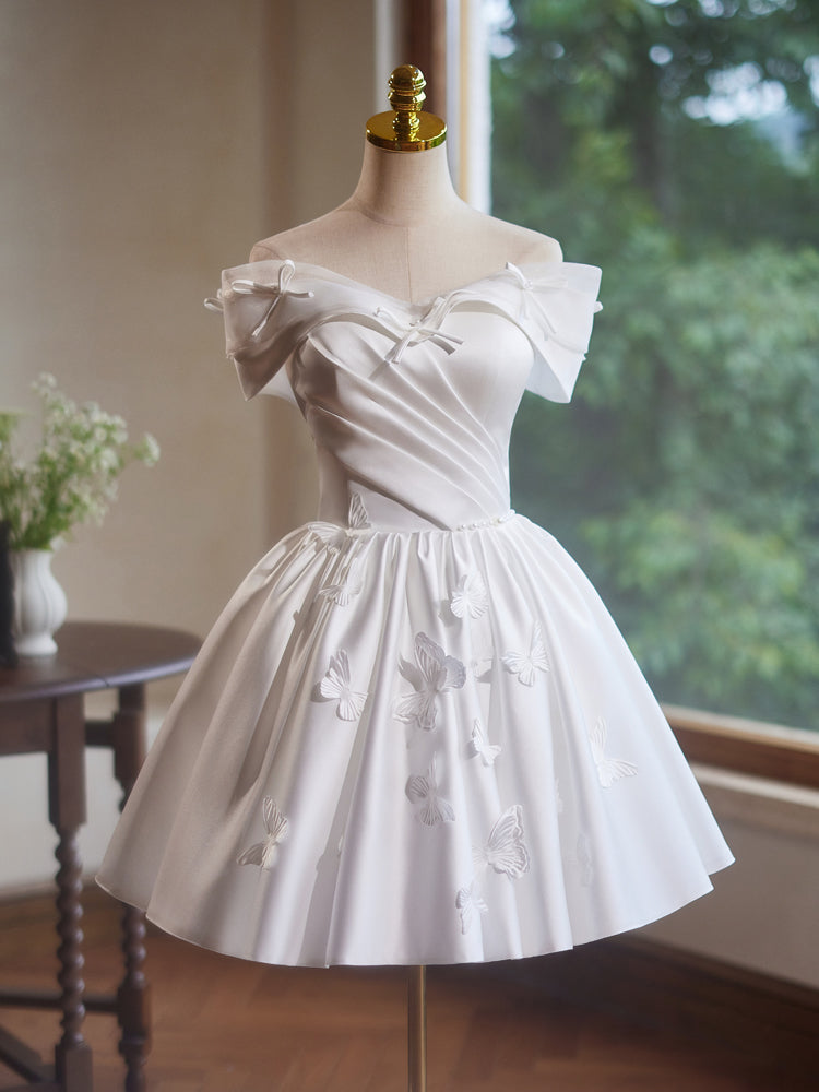 A-Line Off Shoulder Satin White Short Prom Dress, White Homecoming Dre toptby A-Line Off Shoulder Satin White Short Prom Dress, White Homecoming Dre toptby