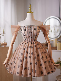 A-Line Off Shoulder Beads Champagne Short Prom Dress, Champagne Homecoming Dress