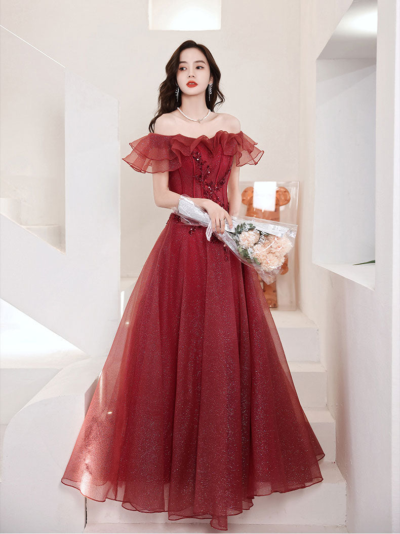 A-Line Off Shoulder Tulle Sequin Lace Burgundy Long Prom Dress, Burgundy Long Formal Dress