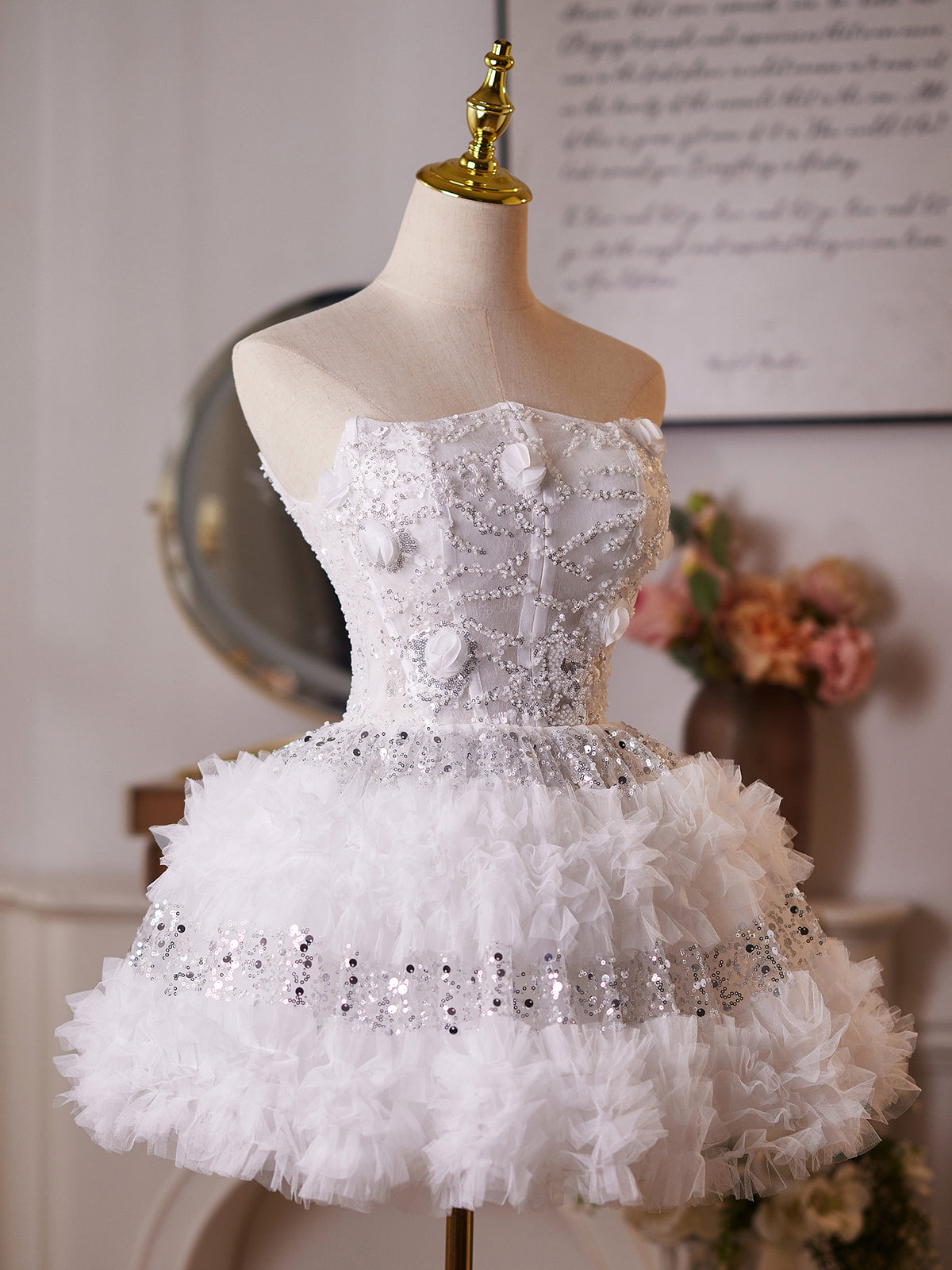 A-Line Sequin Beads White Short Prom Dress, White Homecoming Dress