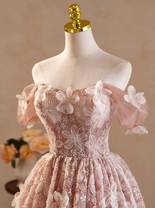 A Line Off Shoulder Lace Pink Short Homecoming Dresses, Off Shoulder Pink Lace Formal Graduation Evening Dresses    cg21340 main image 1