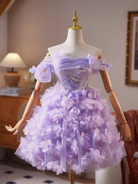 Purple Tulle 3D Flower Purple Short Prom Dress, Purple Homecoming Dress
