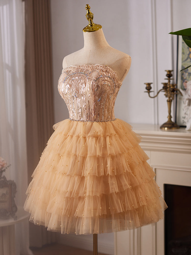 A-Line Tulle Lace Champagne Short Prom Dress, Champagne Homecoming Dre toptby A-Line Tulle Lace Champagne Short Prom Dress, Champagne Homecoming Dre toptby