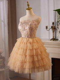 A-Line Tulle Lace Champagne Short Prom Dress, Champagne Homecoming Dress