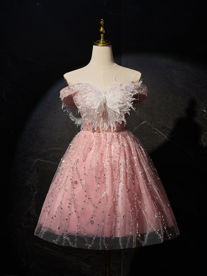 Pink A-Line Tulle Lace Short Prom Dress, Pink Cocktail Dress