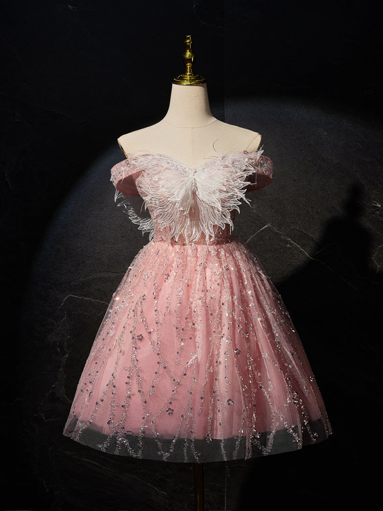 Pink A-Line Tulle Lace Short Prom Dress, Pink Cocktail Dress