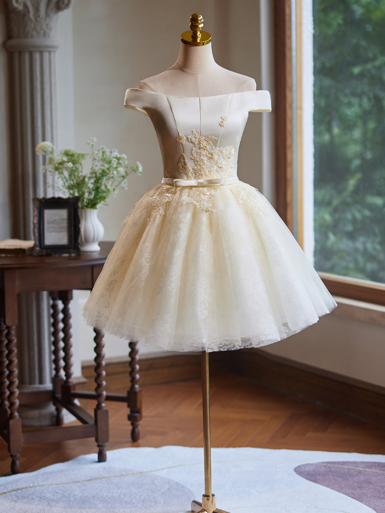 satin champagne dress short 1950s Champagne Satin Wedding Dress, Handmade Short Bridal Gown