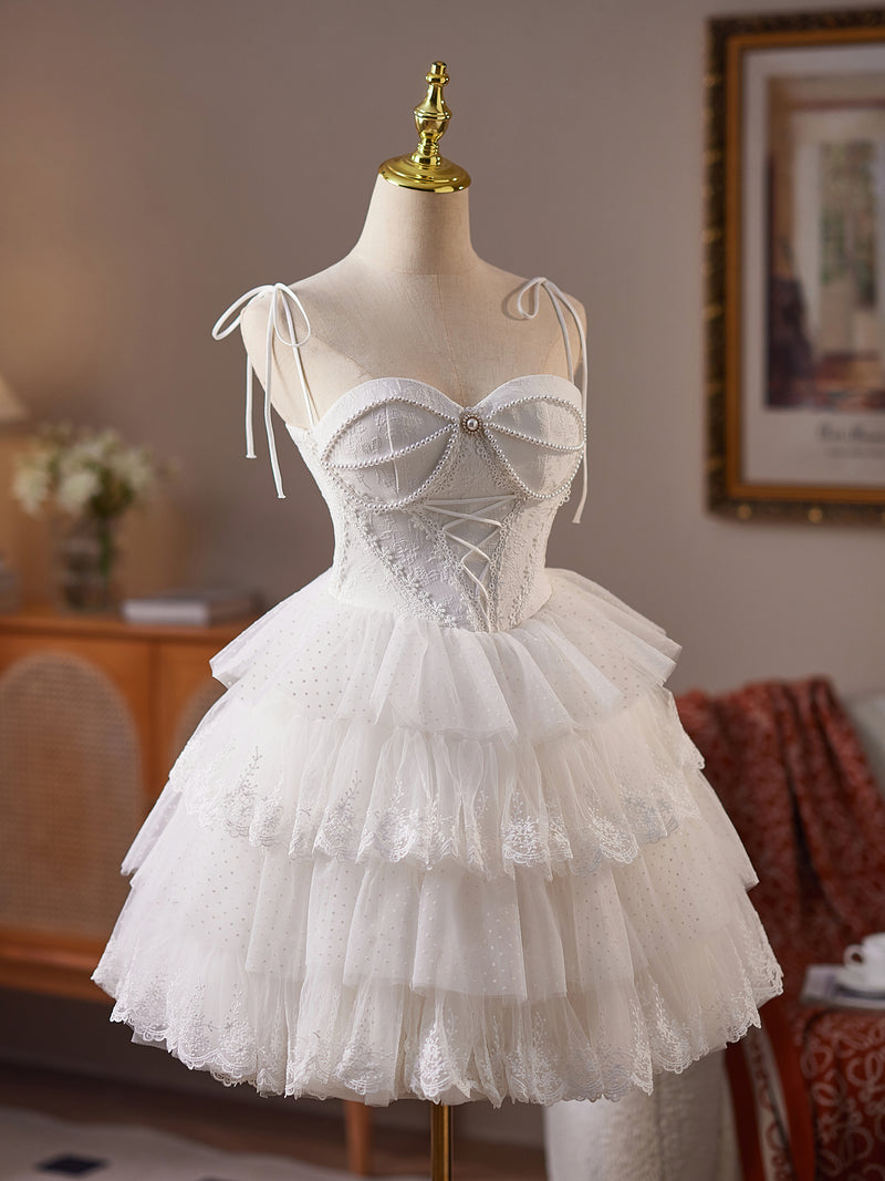 A-Line Sweetheart Neck Tulle Lace White Short Prom Dress