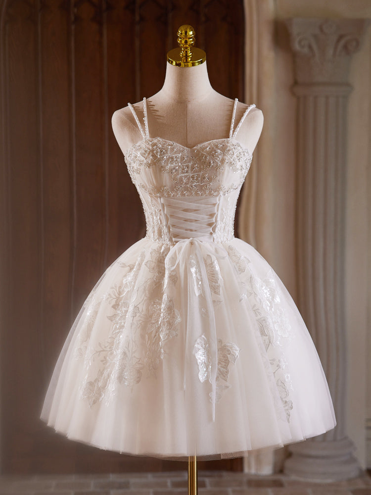 A-Line Sweetheart Neck Tulle Lace Light Champagne Short Prom Dress wit toptby A-Line Sweetheart Neck Tulle Lace Light Champagne Short Prom Dress wit toptby