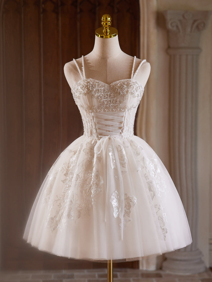 A-Line Sweetheart Neck Tulle Lace Light Champagne Short Prom Dress with Beads
